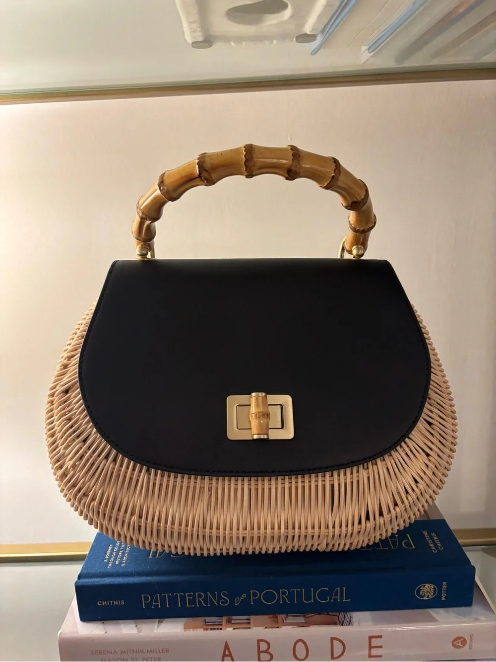 Talbots Rattan Wicker & Leather Black and Natural Bamboo Top-Handle Women’s Bag - Picture 4 of 16